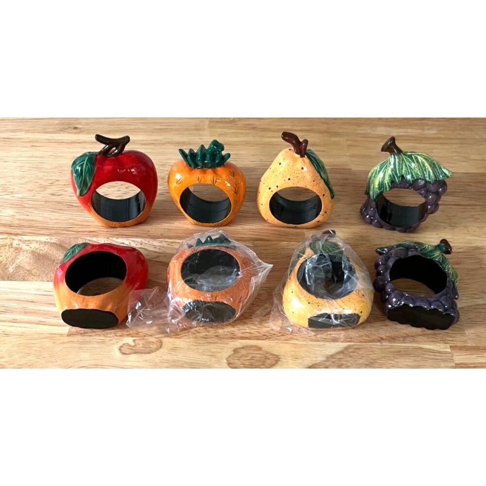 Set Of 8 Vintage Resin Fruit Napkin Rings: Apple Pumpkin Pear & Grapes